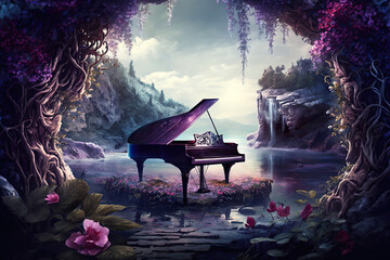 Beautiful bright piano in a magical landscape, sound of harmony, Generative AI