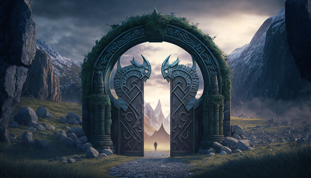 Door to Valhalla, world of the gods - the resting place of fallen warriors - German Mythologies - Generative AI