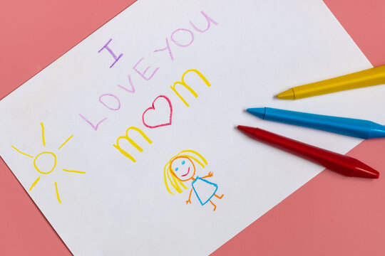 Greeting card for mummy on happy mothers day. Drawing by kids with love congratulate for mom.