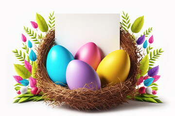 Festive Easter frame with realistic 3d Easter colored eggs in nest on white background. Promotion sale or greeting card created with AI generative technology.