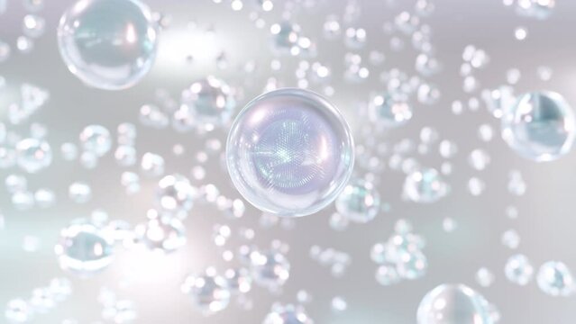 Multiple atoms of cosmetics are floating in the water. Cosmetic essence, a liquid bubble, and little particles in a liquid bubble on a water background.
