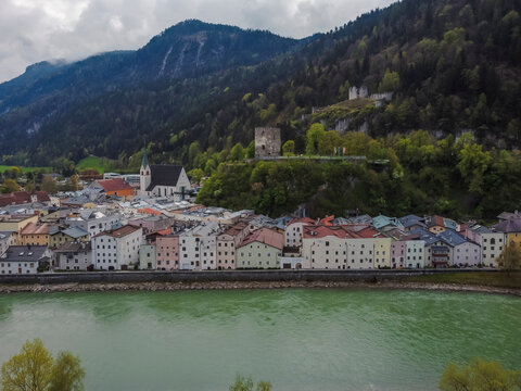 Aerial view Rattenberg town in Kufstein, Tirol. Austria by drone. Alps mountains. River Inn.