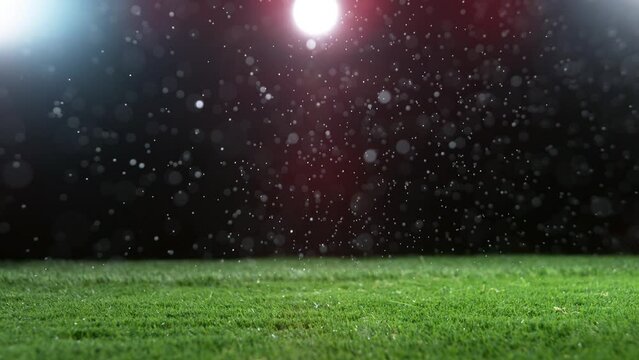 Close-up of Football Filed with Artificial Lighting, Rainy Weather with Fog. Super Slow Motion at 1000 fps. Filmed on High Speed Cinematic Camera at 1000 fps.
