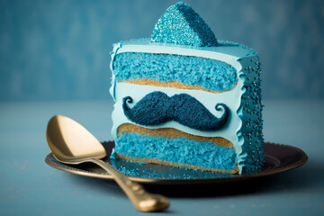 Blue cake with a mustache. International Men's Day, Father's Day celebration. Generative AI.