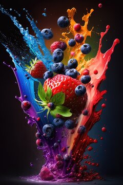 Exploding food photography strawberry, blueberry, bannana smoothie