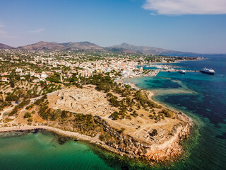 Aerial view Aegina island by drone. Summer Greece. Beach. Mediterranean sea.