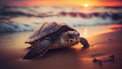 Turtle on the beach at sunset. Generative AI, Generative, AI