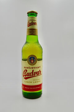A closeup of Budvar original Czech lager against a white background