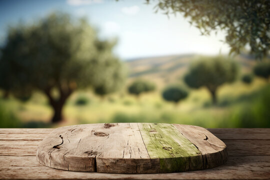 wooden table for product display with bokeh background of a natural olive field