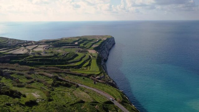 Drone shot of the cliff,winter time, Fomm Ir-Rih, green Malta