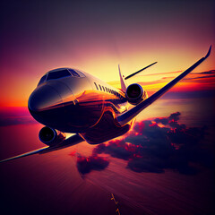 Fototapeta na wymiar Luxury plane flies at sunset among the clouds. Ai generated