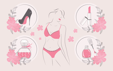 Silhouette of a girl in underwear and a set of beauty accessories . The concept of beauty, tenderness and femininity, vector