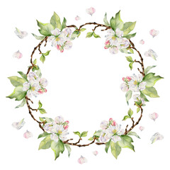 Hand drawn watercolor apple flowers, branches and leaves, white, pink and green blossom. Circle round wreath. Isolated on white background. Design for wall art, wedding, print, fabric, cover, card.