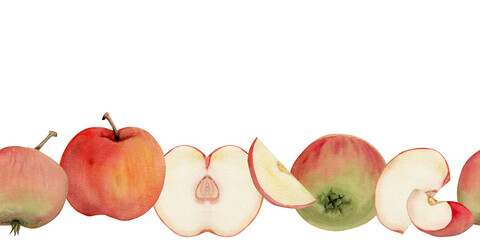 Hand drawn watercolor apple fruits ripe, full and slices, red and green color. Seamless horizontal banner. Isolated on white background. Design for wall art, wedding, print, fabric, cover, card.