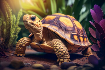 Naklejka premium Sulcata tortoise on a grass. Generative AI, Generative, AI