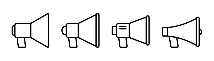 Outline megaphone icons set. Speaker symbol. Loudspeaker in line. Outline megaphone icon. Speaker in linear style. Megaphone symbol. Loudspeaker set