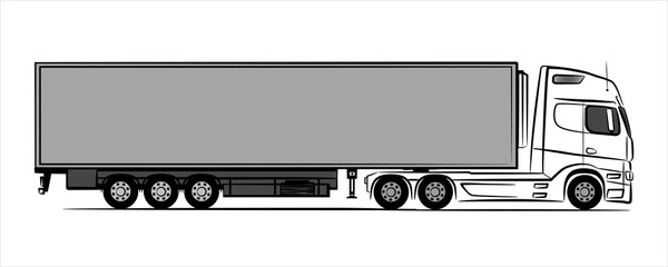 Semi-trailer truck abstract silhouette on white background.  A hand drawn line art of a trailer truck car. Simple illustration view from side.