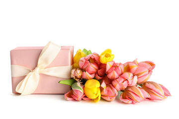 Tulips and gift box isolated on white background