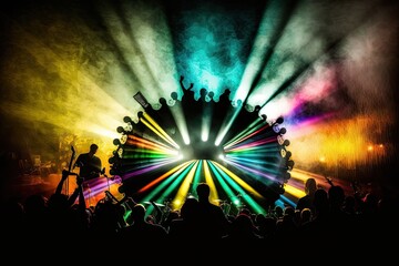 a colorful abstract image of concert lighting illuminating a darkened stage. Generative AI