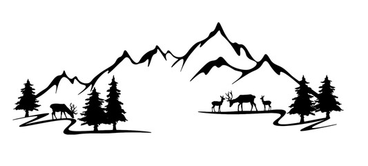Black silhouette of deer mountains and forest fir trees camping landscape panorama illustration icon vector for logo, isolated on white background