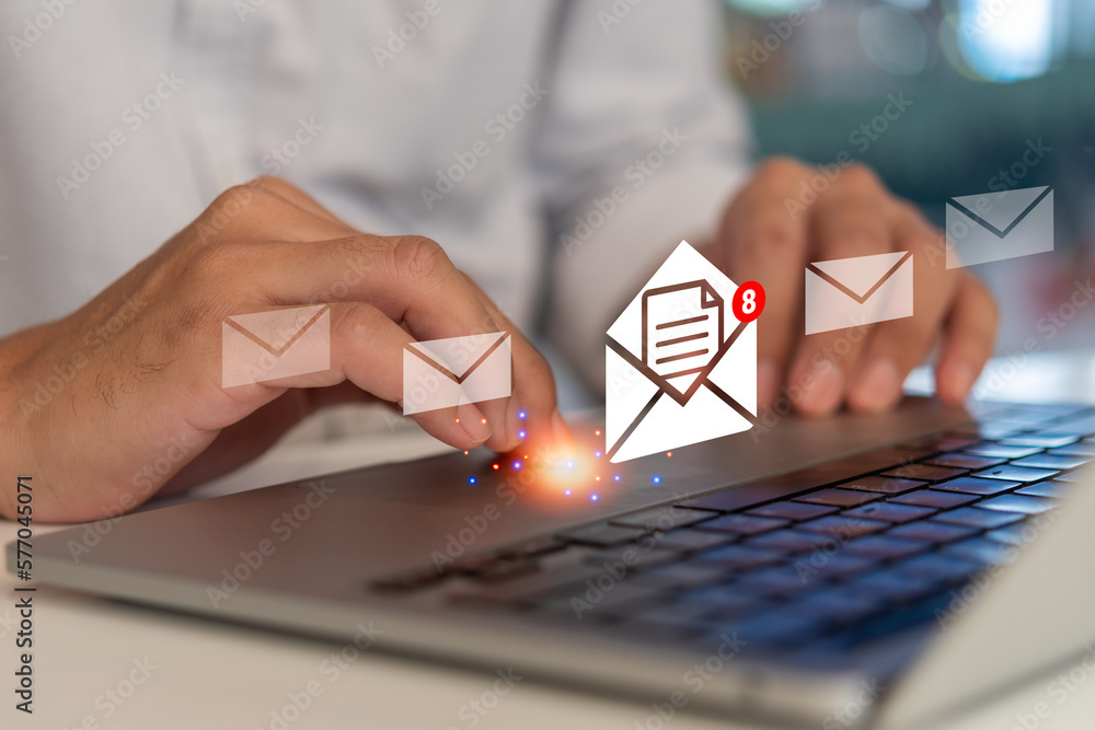 Poster hand of businessman using laptop computer for email with notification alert virtual screen.business 