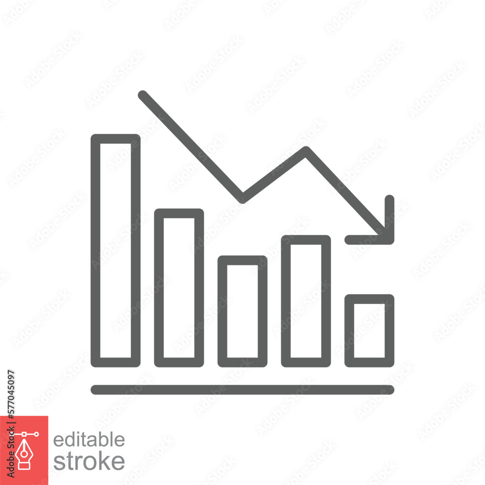 Poster graph down, reduce progress line icon. simple outline style efficiency decrease graphic, finance cha
