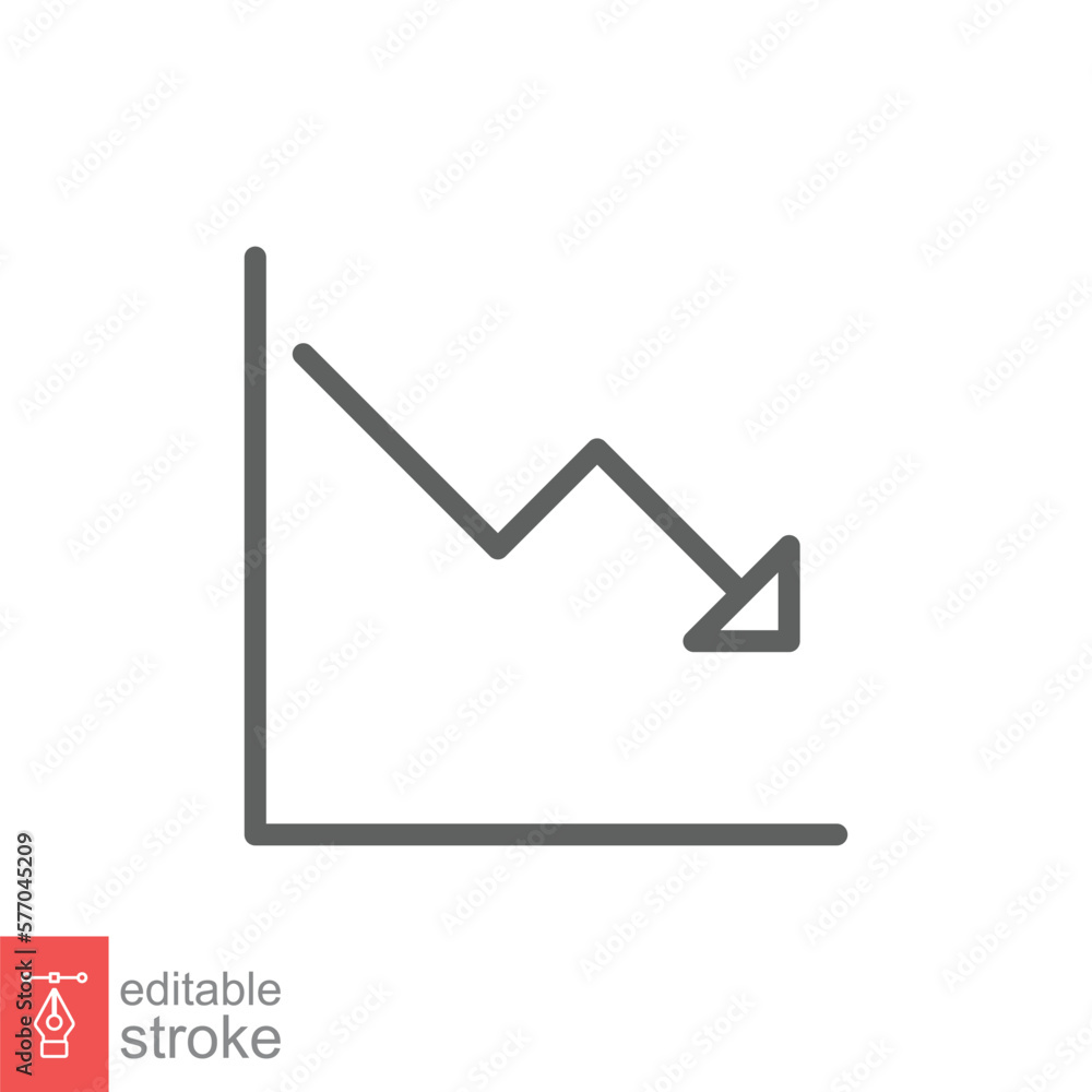 Poster graph down, reduce progress line icon. simple outline style efficiency decrease graphic, finance cha