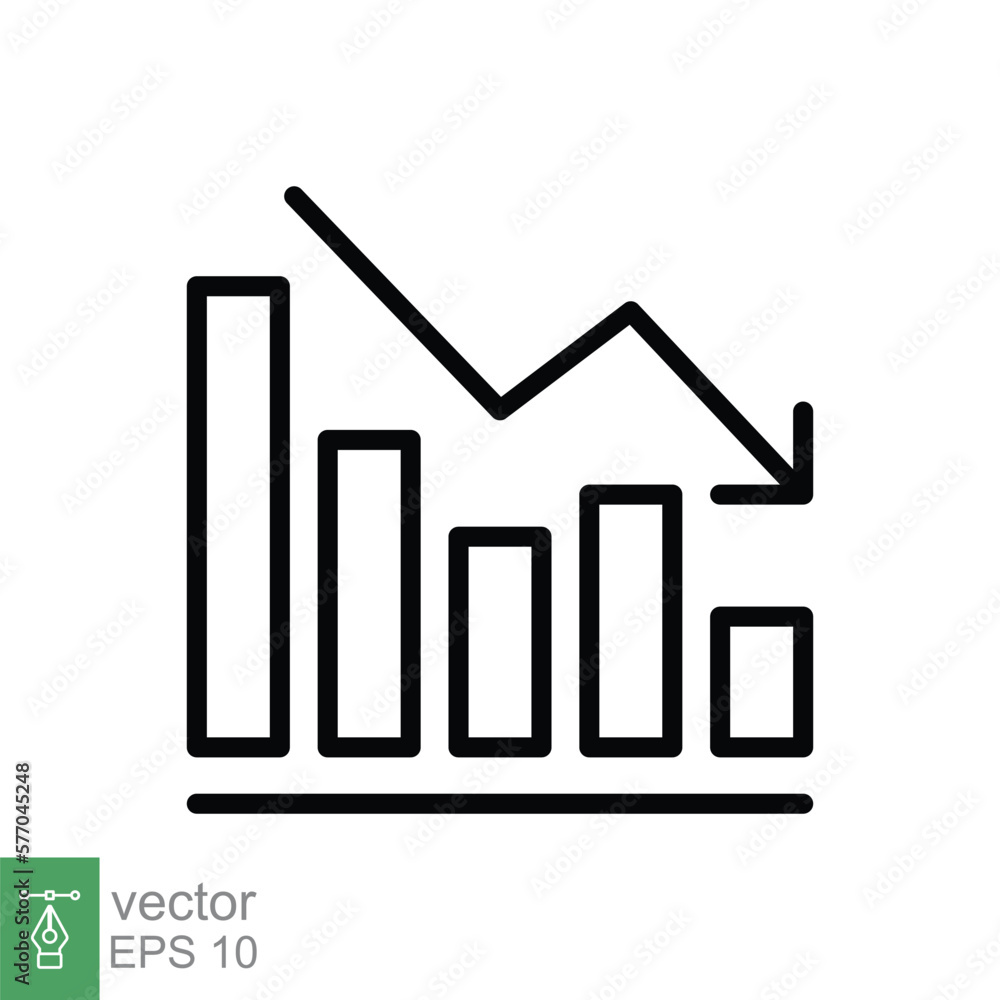 Poster graph down, reduce progress line icon. simple outline style efficiency decrease graphic, finance cha