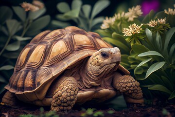 Naklejka premium Sulcata tortoise on a grass. Generative AI, Generative, AI