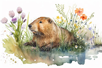 Watercolor painting of cute beaver in a colorful flower field. Ideal for art print, greeting card, springtime concepts etc. Made with generative AI.
 - obrazy, fototapety, plakaty