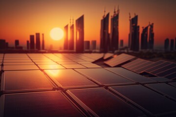 Solar panels outside a big city in the sunset, made with generative ai