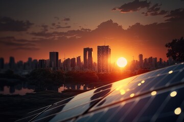 Obraz premium Solar panels outside a big city in the sunset, made with generative ai