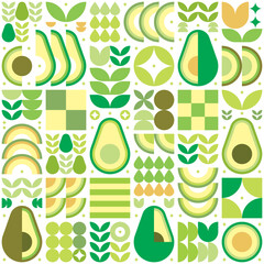 Abstract artwork of avocado pattern icon. Vector art, illustration of cut avocado symbol, seed, flower, leaf, and geometric shape. Fruits and vegetables simple flat modern design, white background.