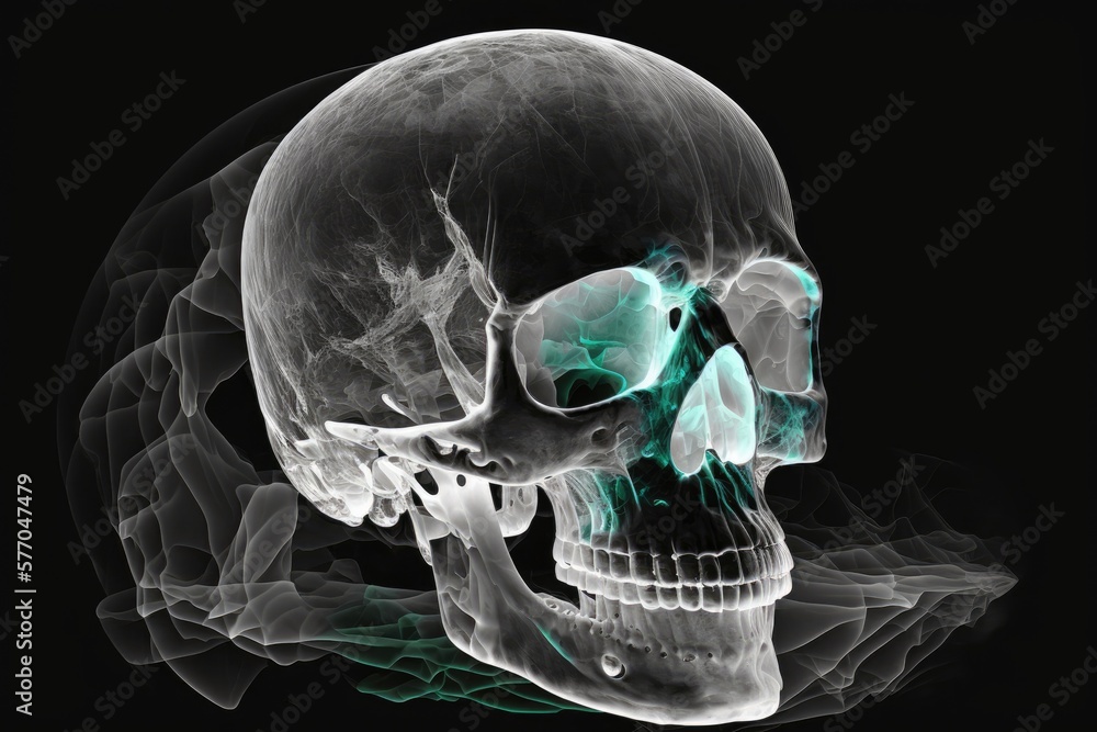 Poster ghost of a silvery demon skull floating aimlessly in the ether is shown via a ct scan of the skull. 