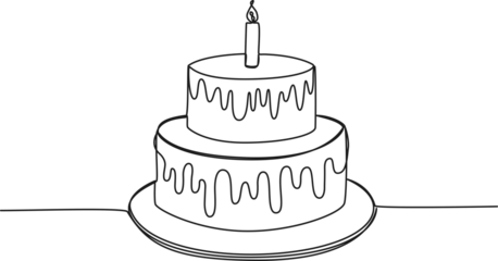 Fotobehang continuous single line drawing of birthday cake with candle on top, line art vector illustration © Christian Horz