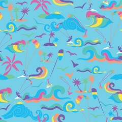 Colorful Kitesurf Day at the beach with waves seamless pattern on blue background