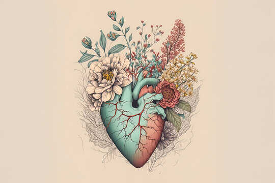 Anatomical heart made of flowers, leaves and plants isolated on clean background. This illustration represents concept about heart of nature. Digital colorful art. Digital illustration generative AI.
