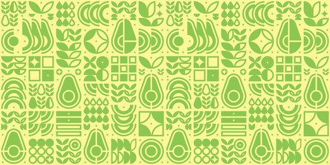 Abstract artwork of avocado pattern icon. Simple flat vector art, illustration symbol of cut avocado, seed, flower, leaf, in silhouette. Modern geometric background design, fruit and vegetable theme.