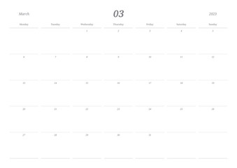 March 2023 simple design digital and printable calendar template illustration. Notes, scheduler, diary, calendar, memo, planner document template background. 