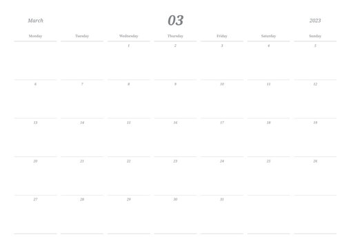 March 2023 simple design digital and printable calendar template illustration. Notes, scheduler, diary, calendar, memo, planner document template background. 