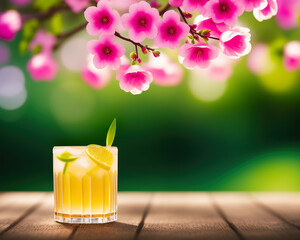 a fresh refreshing glass of lemonade juice cocktail drink in a sunny spring garden, created using AI generative tools