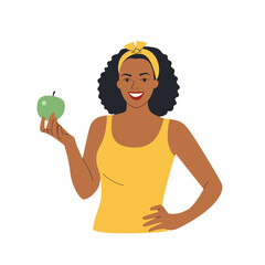Healthy young black woman holding green apple isolated. Vector cartoon flat style illustration