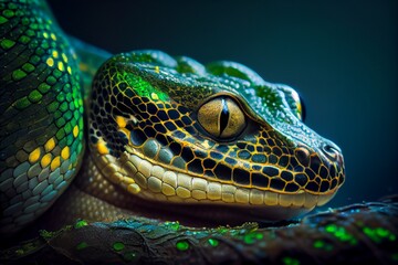 Fototapeta premium Close up of green python, green snake. Generative AI, Generative, AI