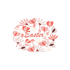 picture with spring flowers and the inscription of easter in the shape of an egg on a white background
