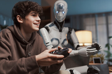 Happy teenager and AI robot playing video games together