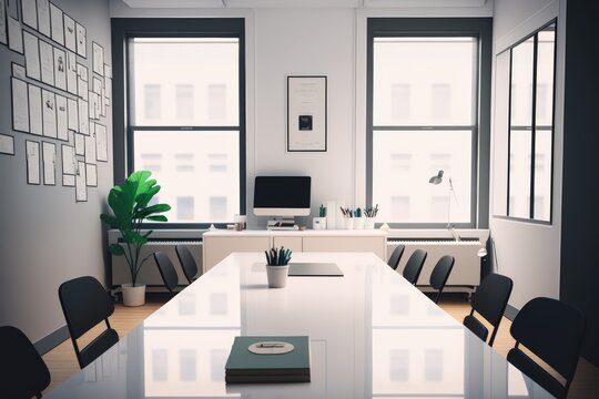 Interior of office space with windows, table and chairs, created using generative ai technology