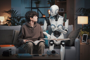 AI robot tutor reading with a teenage boy - obrazy, fototapety, plakaty
