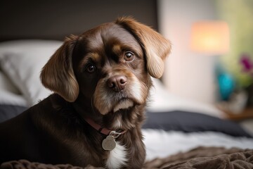 Portrait of cute white and brown dog on bed, created using generative ai technology