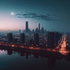 Skyline with modern buildings with full moon at night, created using generative ai technology