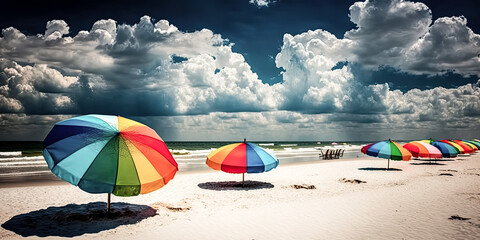 A tranquil beach with a variety of brightly-colored beach umbrellas dotting the shoreline - generative ai.